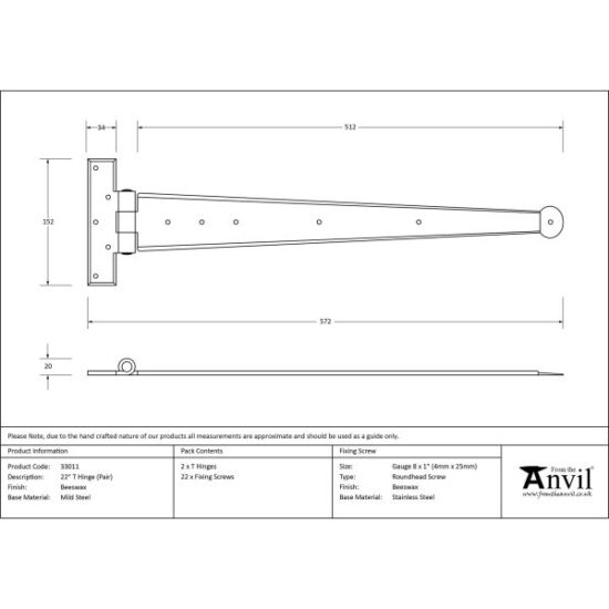 Beeswax 22" Penny End T Hinge (pair)