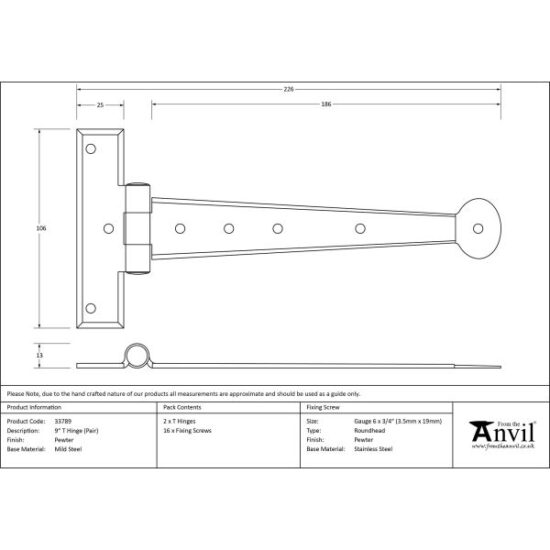 Pewter 9" Penny End T Hinge (pair)